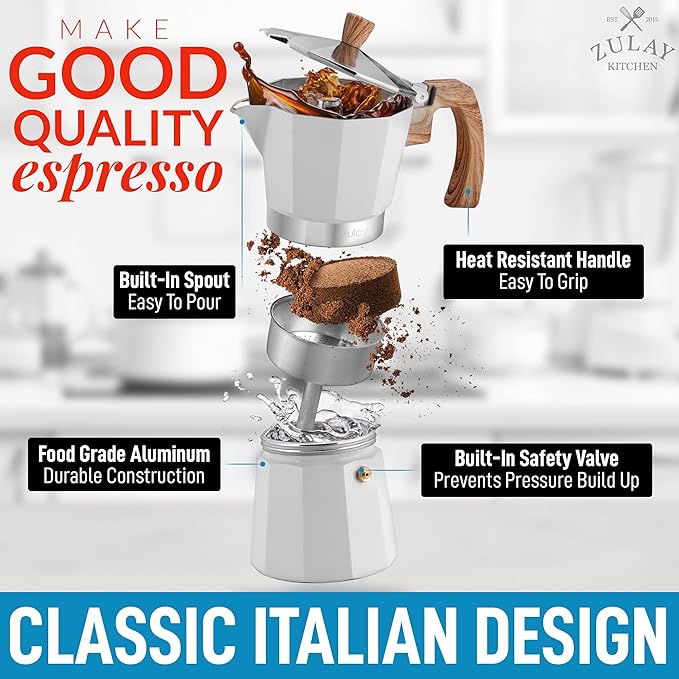 Zulay Kitchen Stovetop Espresso Maker - Moka Pot 6 Espresso Cups - Percolator Coffee Maker for Classic Cuban & Italian Style Espresso - Portable Coffee Maker for Camping & Travel - (White)