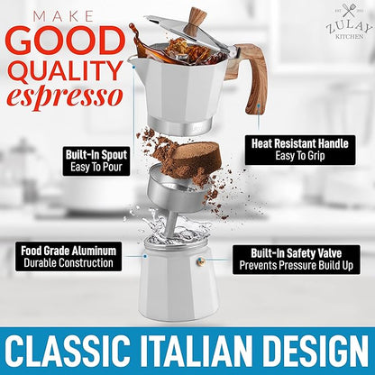 Zulay Kitchen Stovetop Espresso Maker - Moka Pot 6 Espresso Cups - Percolator Coffee Maker for Classic Cuban & Italian Style Espresso - Portable Coffee Maker for Camping & Travel - (White)