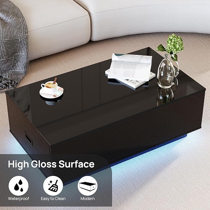 41" LED Coffee Table with 2 Drawers - High Gloss Black Modern Table with Lighting for Living Room (41.33" W x 23.62" D)