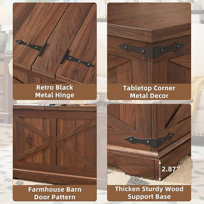 Farmhouse Coffee Table with Large Hidden Storage Compartment, Brown Retro Square Center Table, Wood Rustic Low Modern Living Room Tables with Hinged Lift Brown Top & Wooden Arc Base