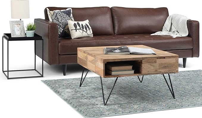 SIMPLIHOME Hunter Lift Top Coffee Table - 32 inch Wide Solid Mango Wood and Metal Industrial Square Cocktail Table in Natural, Living Room Table with Dual Lift Tops, Hidden Storage and Hairpin Legs