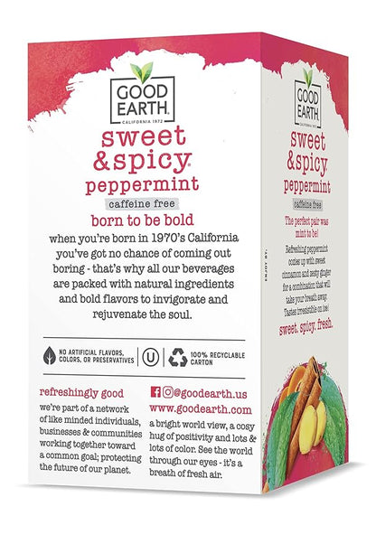 Good Earth Sweet & Spicy, Caffeine Free Peppermint Herbal Tea, Black 18 Tea Bags (Pack of 6)