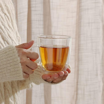 CNGLASS Large Glass Coffee Mugs 12oz,Double Walled Insulated Cappuccino Mug with Handle,Set of 4