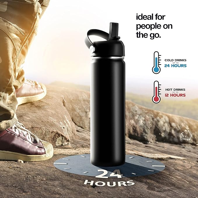 Stainless Steel Insulated Water Bottle and Travel Mug for Hot and Cold Beverages, Wide Mouth, Double Wall Insulated Hydration Sports Water Bottle for Hiking, Biking, Outdoor, 22 OZ BPA Free