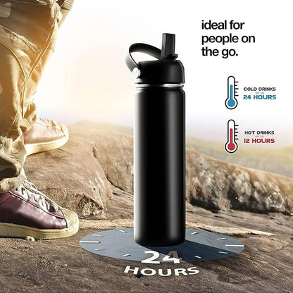 Stainless Steel Insulated Water Bottle and Travel Mug for Hot and Cold Beverages, Wide Mouth, Double Wall Insulated Hydration Sports Water Bottle for Hiking, Biking, Outdoor, 22 OZ BPA Free