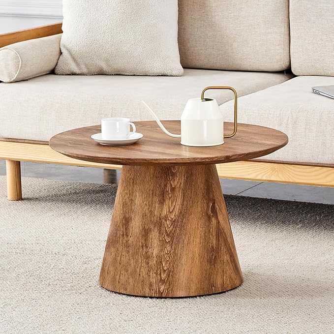 Wood Coffee Table, 25.6" Small Coffee Table, Natural Wood Grain Round Tabletop with Wooden Cone Base, Round Living Room Table with Adjustable Feet, Mid Century Center Table for Apartment,Small Space