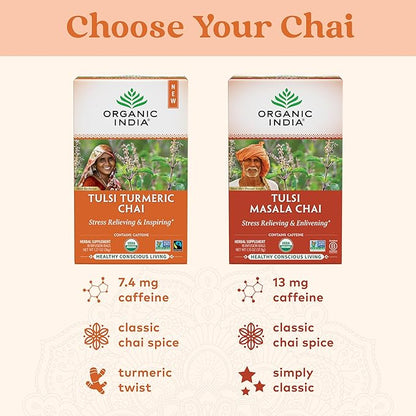 Organic India Tulsi Turmeric Chai Tea - Herbal Tea Bags with Caffeine, Ginger Root, Cinnamon, Holy Basil, Stress Relieving and Energizing, Immune Support, Helps Digestion - 18 Count, Pack of 6