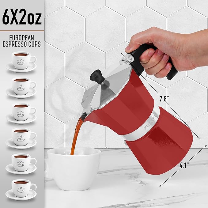 Zulay Moka Pot Espresso Stovetop Coffee Maker - Leak-Proof, Stainless Steel, Easy to Clean, Heat Resistant Handle & Knob - for Authentic Cuban & Italian Style Espresso - Makes 6 Espresso Cups - Red