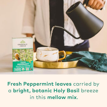 ORGANIC INDIA Tulsi Peppermint Tea - Caffeine Free Herbal Mint Tea - Stress Relieving Holy Basil, Immune & Digestion Support, Vegan, USDA Certified Organic, Fairtrade - 18 Infusion Bags, 3 Pack