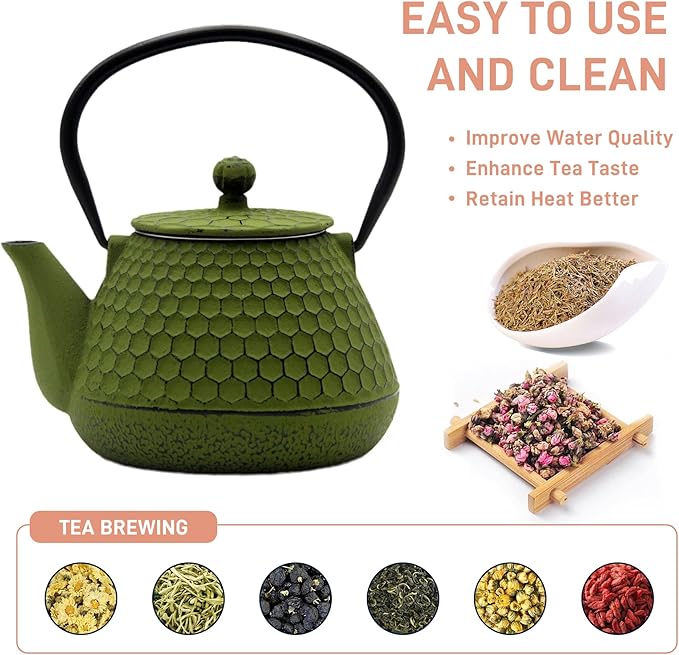 20.3oz Cast Iron Teapot, Small Tea Kettle for Stovetop Safe With Enameled Interior, Stainless Steel Infuser for Loose Tea (Green Honeycomb Pattern)