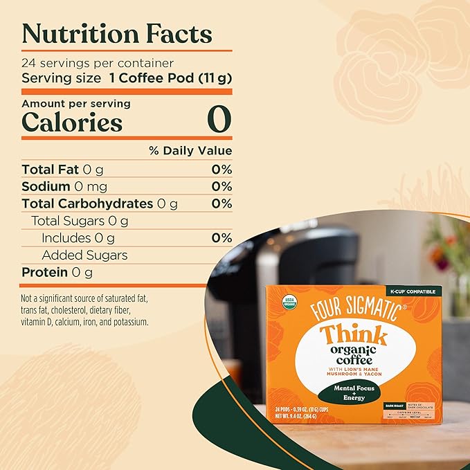 Four Sigmatic Mushroom Coffee K-Cups | Organic Dark Roast Coffee with Lion’s Mane Mushroom Powder & Yacon | Focus & Immune Support | Vegan & Keto | Sustainable Pods | 24 Count