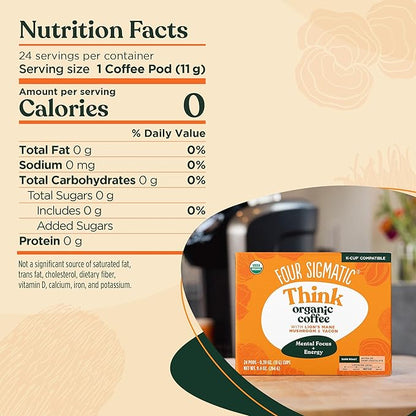 Four Sigmatic Mushroom Coffee K-Cups | Organic Dark Roast Coffee with Lion’s Mane Mushroom Powder & Yacon | Focus & Immune Support | Vegan & Keto | Sustainable Pods | 24 Count