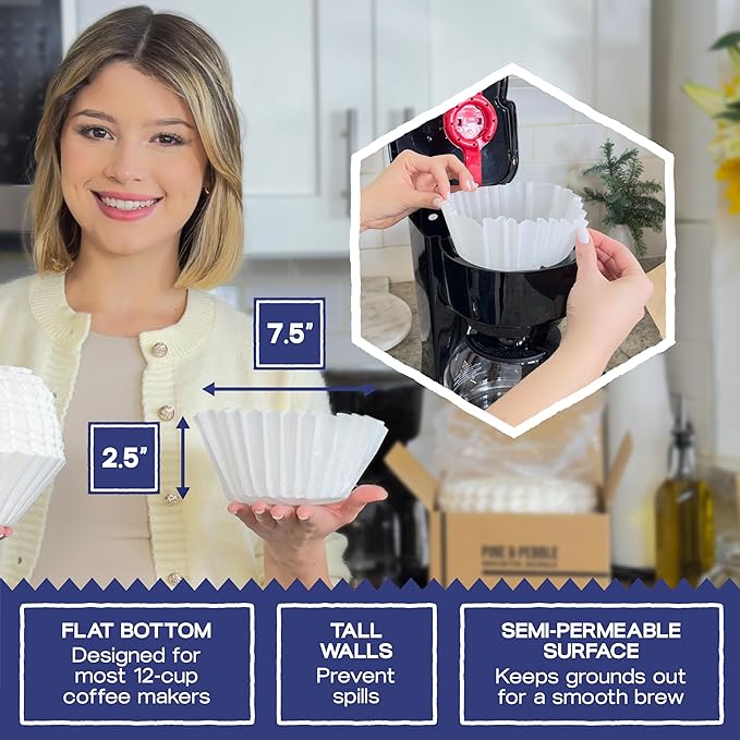 Pine & Pebble® Large Coffee Filters (500 Ct) | Tall-Walled Basket Style (9.84" x 4.33") | No Grounds, No Mess | Fits BUNN & 12-Cup Commercial Brewers | Ideal for Home, Office & Cafés