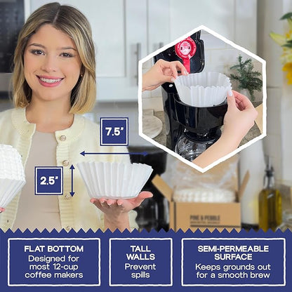 Pine & Pebble® Large Coffee Filters (500 Ct) | Tall-Walled Basket Style (9.84" x 4.33") | No Grounds, No Mess | Fits BUNN & 12-Cup Commercial Brewers | Ideal for Home, Office & Cafés