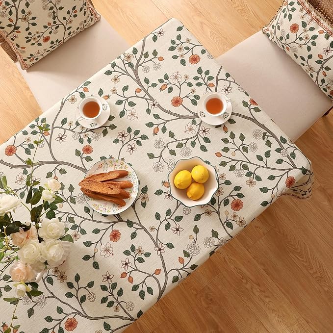 Designer Floral Long Rectangular Tablecloth,French Linen Light Beige Indoor Table Cloth,Fall Wrinkle Resistant Decor Tablecloths for Dining Thanksgiving Kitchen Party,63"*94"-Flora A