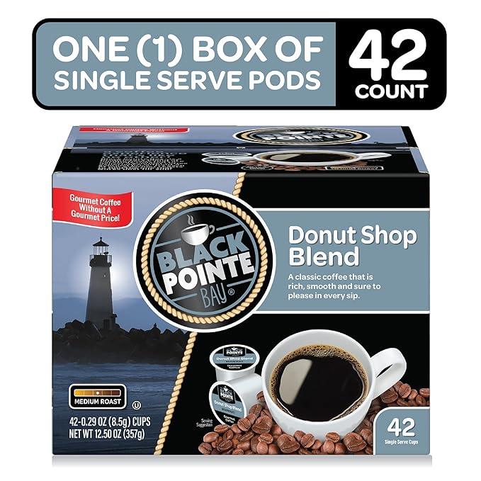 Black Pointe Bay Coffee, Donut Shop Blend, Medium Roast, 42 Count Single Serve Coffee Pods for Keurig K-Cup Brewers