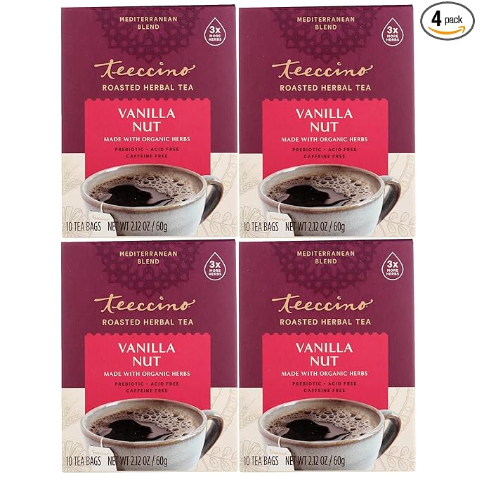 Teeccino Vanilla Nut Herbal Tea - Rich & Roasted Herbal Tea That’s Caffeine Free & Prebiotic for Natural Energy, 10 Tea Bags (Pack of 4)