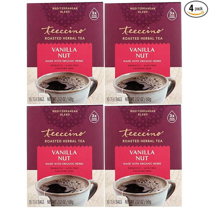 Teeccino Vanilla Nut Herbal Tea - Rich & Roasted Herbal Tea That’s Caffeine Free & Prebiotic for Natural Energy, 10 Tea Bags (Pack of 4)