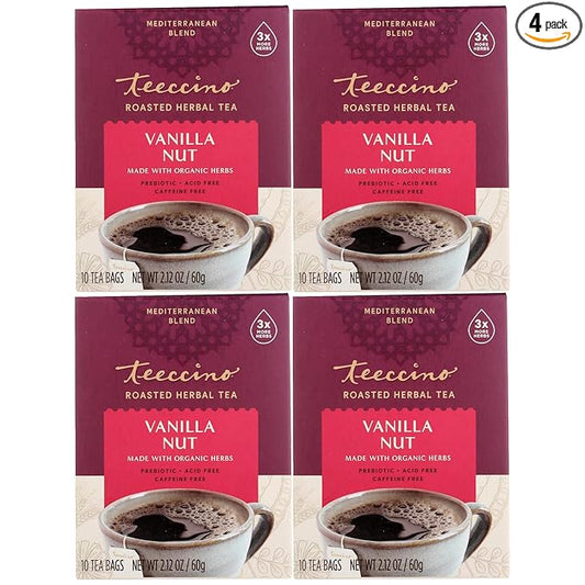 Teeccino Vanilla Nut Herbal Tea - Rich & Roasted Herbal Tea That’s Caffeine Free & Prebiotic for Natural Energy, 10 Tea Bags (Pack of 4)