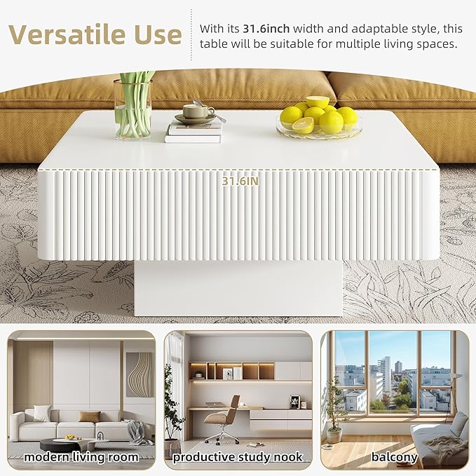 Square Coffee Table for Living Room, Accent Fluted Coffee Table with Storage, Modern Solid Wood Veneered Large Center Tea Table for Small Space Apartment (31.6''D×14''H-White)
