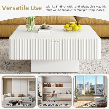 Square Coffee Table for Living Room, Accent Fluted Coffee Table with Storage, Modern Solid Wood Veneered Large Center Tea Table for Small Space Apartment (31.6''D×14''H-White)