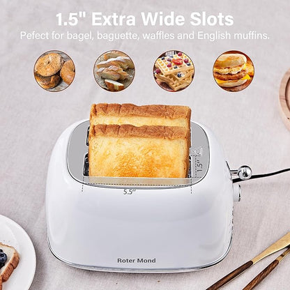 Roter Mond 2 Slice Toaster Retro Stainless Steel with Bagel, Cancel, and Defrost Functions, 6 Bread Shade Settings, Extra Wide Slots and Removable Crumb Tray, White