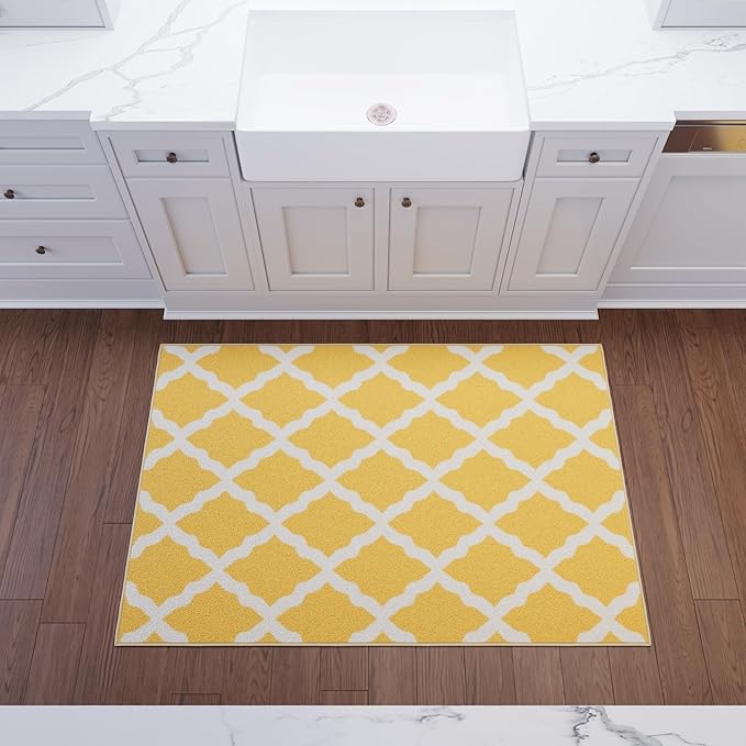 Ottomanson 3'3" x 5' Rugs for Living Room Trellis Area Rug for Bedroom - Non Slip Durable Large Floor Carpet for High Traffic Areas - Indoor Rug for Dining Room Kitchen Kids Playroom, Yellow