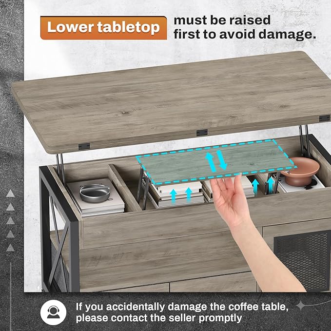 Itaar 40" Lift Top Coffee Table, 4 in 1 Coffee Tables with Storage Cabinet for Living Room, Small Farmhouse Coffee Table with 2 Fabric Drawers & LED Light for Dining Room, Grey