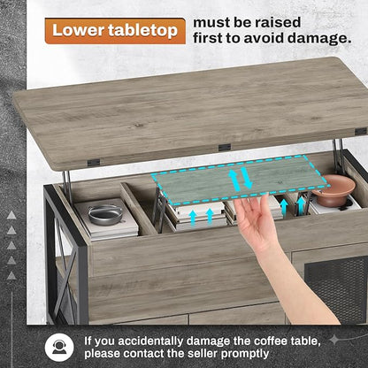 Itaar 40" Lift Top Coffee Table, 4 in 1 Coffee Tables with Storage Cabinet for Living Room, Small Farmhouse Coffee Table with 2 Fabric Drawers & LED Light for Dining Room, Grey