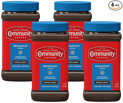 Community Coffee Breakfast Blend Instant Coffee, Medium Roast, 7 oz Jar (Pack of 4)