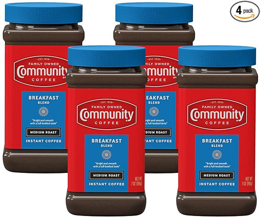 Community Coffee Breakfast Blend Instant Coffee, Medium Roast, 7 oz Jar (Pack of 4)