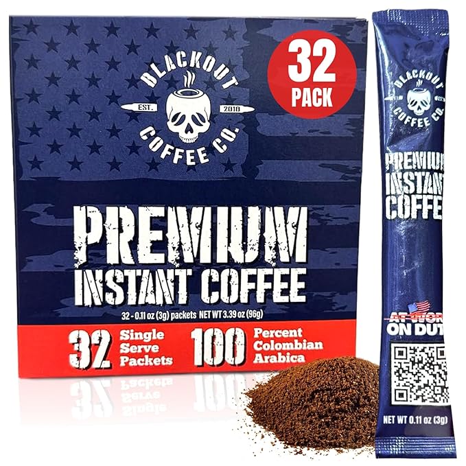 Blackout Coffee Colombian Arabica Instant Coffee – Medium Roast, Strong Aromatic, Single Serve Packets – Premium Quality 32 Count, American Made