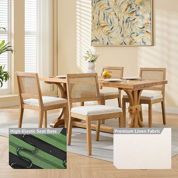 French Country Dining Chairs Set of 6, Beige Modern Kitchen & Dining Room Chairs, Rattan Dining Chair with Linen Upholstered Cushion, Low Cane Back, Wood Legs, Sillas de Comedor (Beige, 6 Pcs)