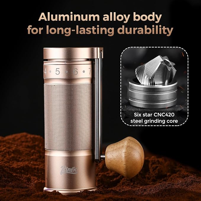Bincoo Manual Coffee Grinder with Foldable Handle– External Setting Hand Coffee Grinder with Steel Burr,Compact and Portable for Home/Travel/Camping(Champagne)