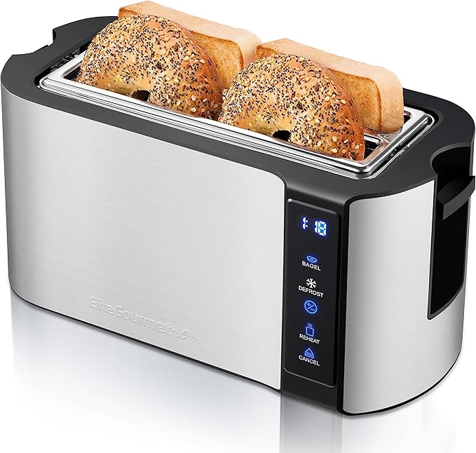 Elite Gourmet ECT5322 Long Slot 4 Slice Toaster, Countdown Timer, Bagel Function 6 Toast Setting, Defrost, Cancel Function, Built-in Warming Rack, Extra Wide Slots for Bagels Waffles, Stainless Steel