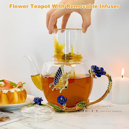 46oz/1300ml Enamel Glass Teapot With Rose Flower Butterfly And Gold Edge,Blue Rose Teapot With Infuser And Lid For Mom,Women,Mother,Birthday