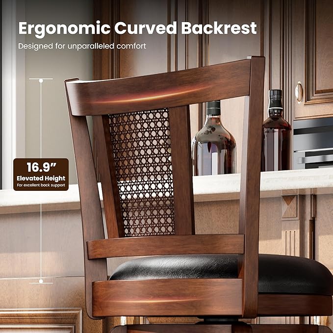 PHI VILLA 30 inch Bar Stools Set of 4, Swivel Barstools Faux Leather Barstool with Back, Wooden Bar Height Chairs, Kitchen Stools