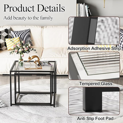 VILAWLENCE Coffee Table Set of 2, Modern Black Glass Side Table, Metal Frame Square End Table, Center Tables, Nesting Coffee Table for Living Room, Bedroom and Small Spaces, 23.6 in