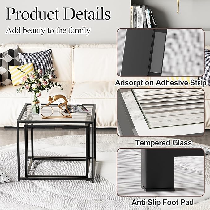 VILAWLENCE Coffee Table Set of 2, Modern Black Glass Side Table, Metal Frame Square End Table, Center Tables, Nesting Coffee Table for Living Room, Bedroom and Small Spaces, 23.6 in