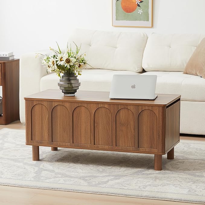 Lift Top Coffee Table with Arched Finish, Modern Coffee Table with Lifting Tabletop & Hidden Storage, Wood Center Table for Living Room,Convenient for Dining, Gaming or Working (Walnut)