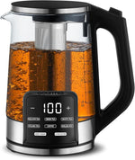 Load image into Gallery viewer, Gourmia Electric Programmable Glass Kettle – 1.7L Temperature Control Tea &amp; Coffee Kettle with Digital Touch Display, 6 Presets, Keep Warm, Removable Stainless Steel Infuser, 360° Swivel Base – Black