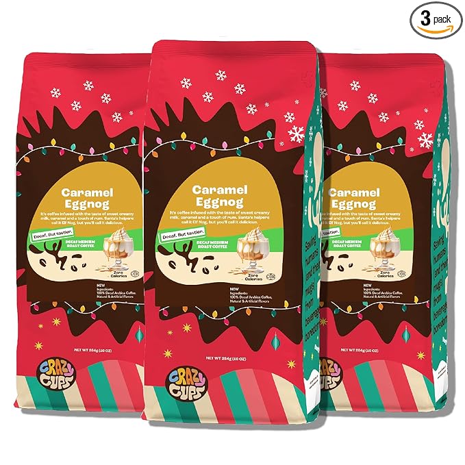 Crazy Cups Flavored Ground Decaf Eggnog Coffee, Decaffeinated Caramel Eggnog Coffee in 10 oz Bag, For Brewing Flavored Hot or Iced Coffee, (Pack of 3)