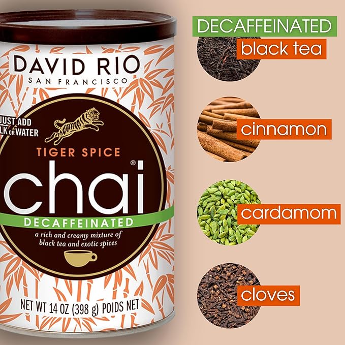 Tiger Spice Decaffeinated Chai Tea Latte Mix, 14 Oz, Decaf Black Tea, Organic Spices, Dairy Free, Serve Hot or Cold, Just Add Water or Milk, 14 Servings