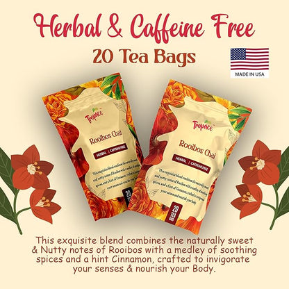Tropace Organic Rooibos - 20 Tea Bags, South African Red Tea infused with Cardamom, Cinnamon & Black Pepper - Caffeine Free Herbal Tea, Rooibos Tea Rooted in Africa & Packed in USA, 1.4 oz (40g)