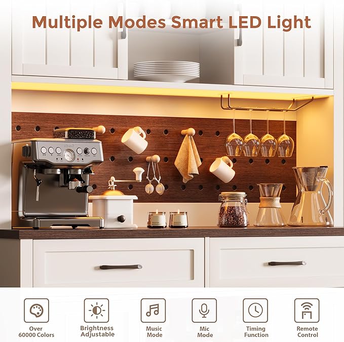 72" Coffee Bar Cabinet with Power Outlet & LED Light, Farmhouse Large Kitchen Hutch with Sliding Barn Door, Tall Bar Cabinets with Storage Drawers & Wine Glass Rack,Pantry China Cabinet for Home,White