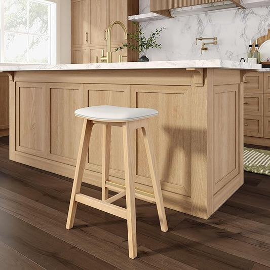 Plank+Beam Beryl Counter Height Stool - Mid-Century Modern Rubberwood Bar Stool with Faux Leather Seat, Metal Footrest, Easy Assembly, Blonde/Sesame