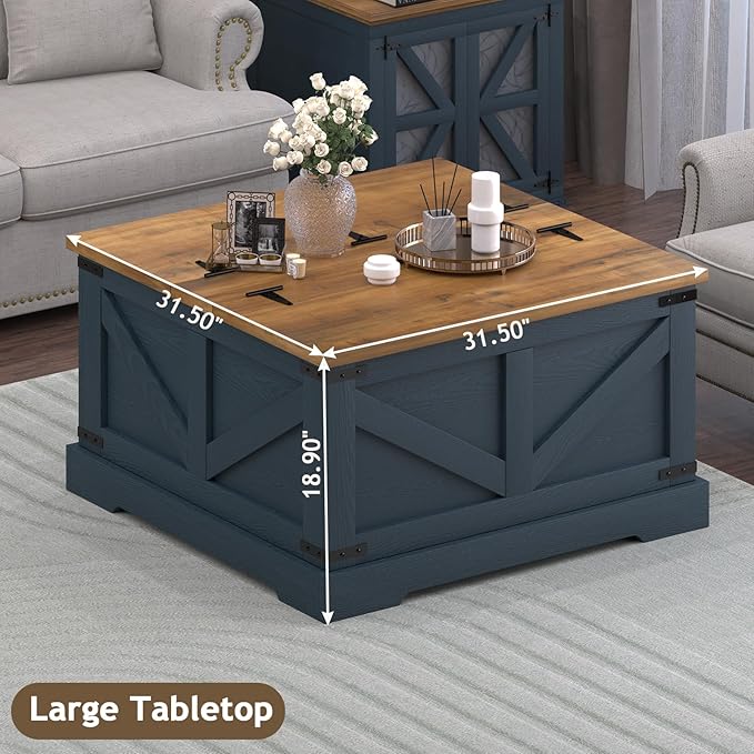Farmhouse Coffee Table with Hidden Storage Compartment, Square Coffee Table for Living Room, Wood Center Table with Hinged Lifting Tabletop for Home, Navy Blue