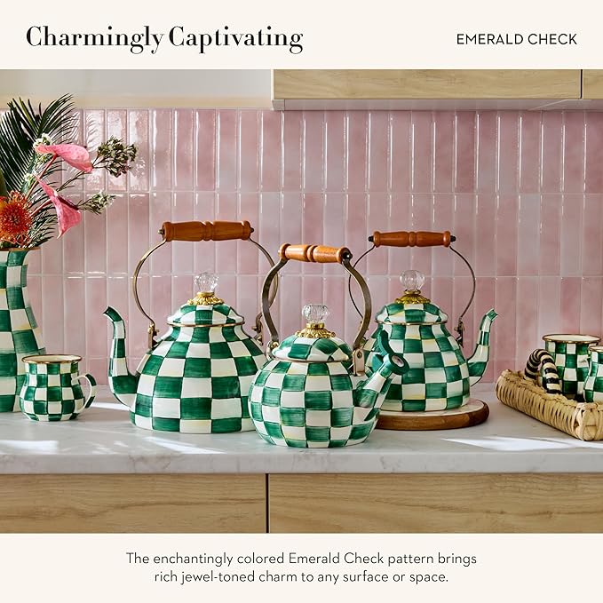 MACKENZIE-CHILDS Enamel Tea Kettle, Stylish Tea Kettle for Stovetop, Green-and-White Emerald Check, 3 Quarts