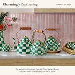 Load image into Gallery viewer, MACKENZIE-CHILDS Enamel Tea Kettle, Stylish Tea Kettle for Stovetop, Green-and-White Emerald Check, 3 Quarts