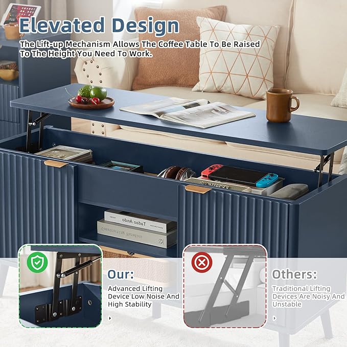 LEYAOYAO 48" Fluted Lift Top Coffee Table with Hidden Storage & Adjustable Shelves, Lifting Tabletop Large Rectangular Coffee Tables, Mid Century Modern Wood Center Table for Living Room, Nave Blue
